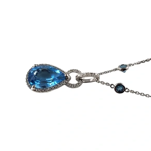 14 Karat White Gold Blue Topaz Diamond Pendant Necklace JAGi Cert. #13787